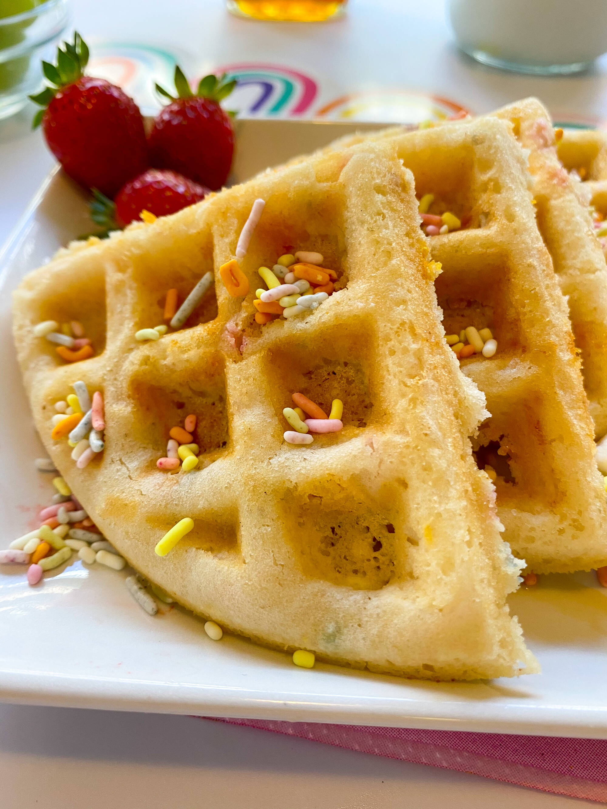 Funfetti Waffles using Kate’s Safe and Sweet Cake Mix and Sprinkles