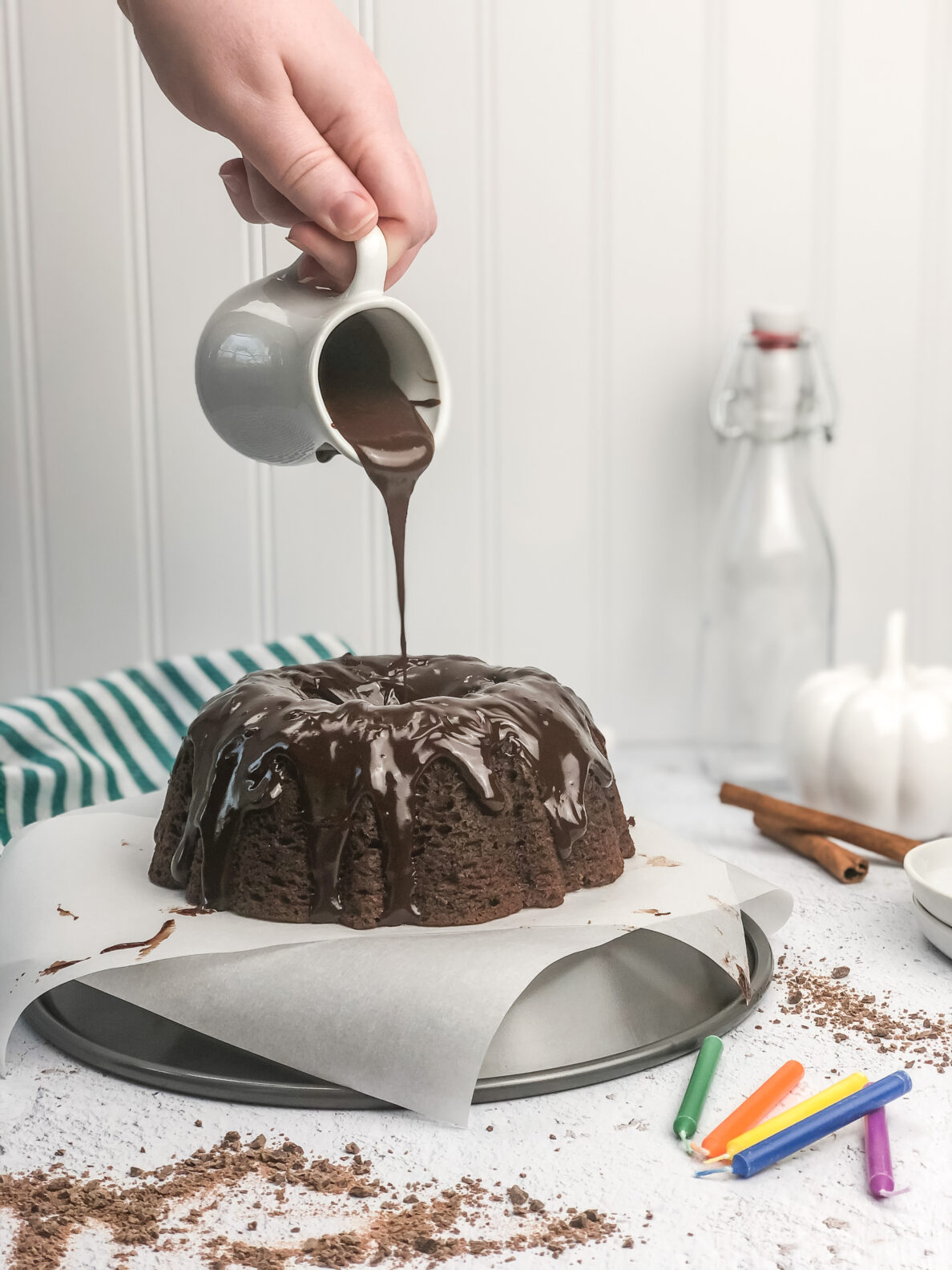 Kate's Safe and Sweet - Spiced Chocolate Pumpkin Cake - Ganache Pouring