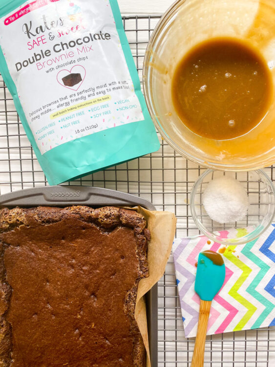 Kate's Safe and Sweet - Caramel Brownies -Pan out of Oven