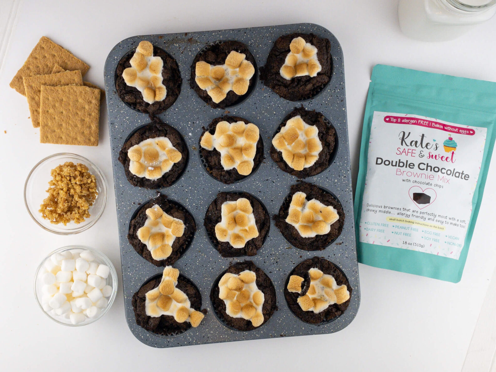Kate's Safe and Sweet - Smores Brownie Cupcakes Tray and Ingredients