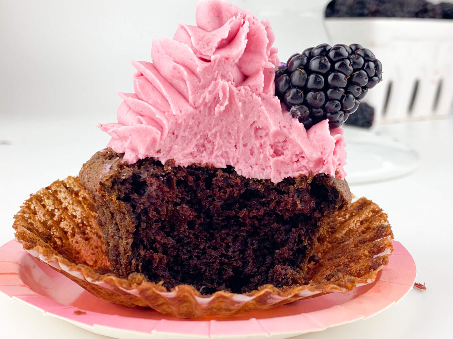 Kate's Safe and Sweet - Blackberry Frosted Chocolate Cupcakes Bite