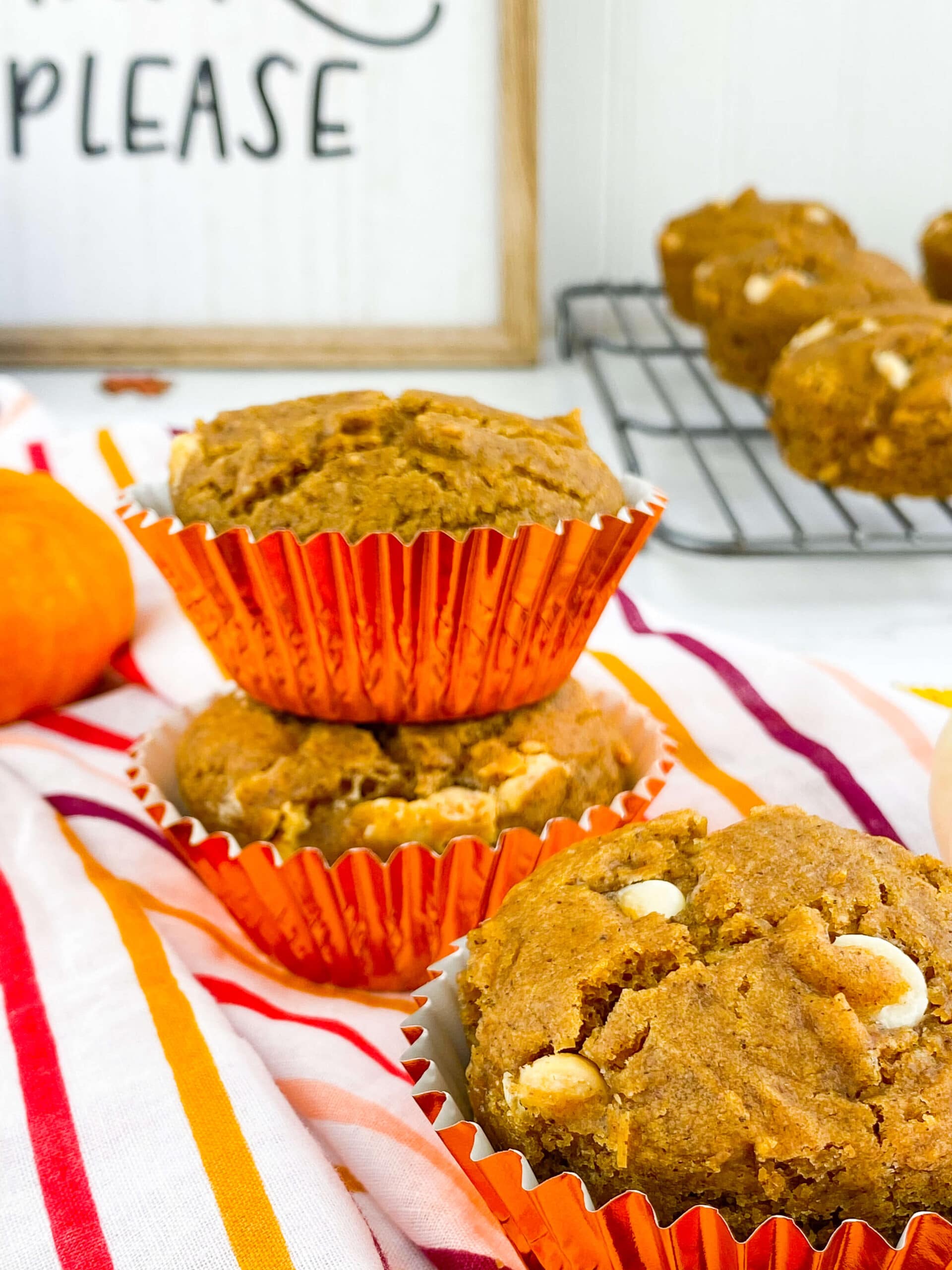 Kate's Safe & Sweet - Pumpkin White Chocolate Chip Muffins Stacked